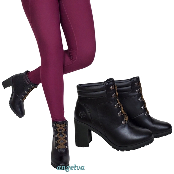 New Timberland allington 5 in leather block heel lace up boots black casual - Picture 2 of 16